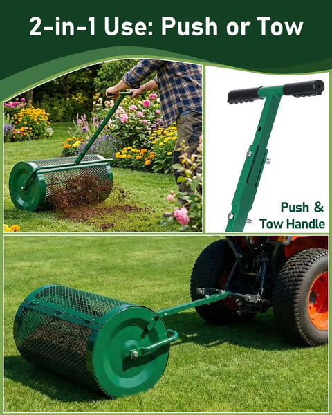 Heavy Duty 30 Inch Compost And Peat Moss Spreader With Push Tow Handle on lawn with adjustable height steel basket, spreading mulch.