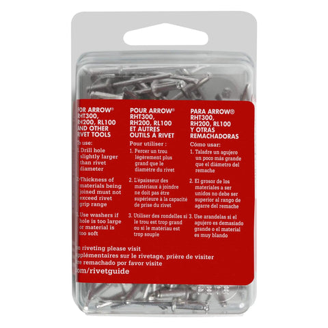 Back view of sealed package of Medium Aluminum One Eighth Inch Pop Rivets For Metal Fabric Leather And Auto Repair 100 Pack
