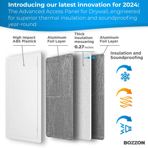 Drywall access panel, 6 x 9 in, white ABS plastic with 0.27 in thick insulation; Bozzon.