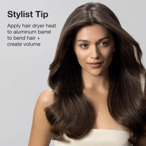 Model with sleek hair styled by Express Ion Aluminum Round Brush For Blow Drying All Hair Types Large Vented Barrel With Corkscrew Vegan Bristles