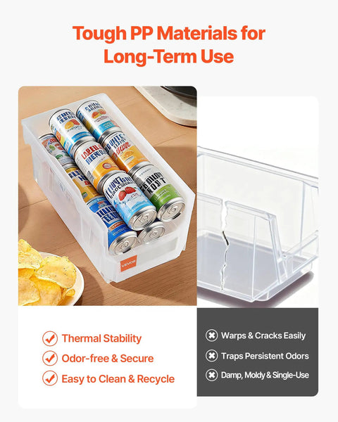 Clear Stackable Storage Bins 6 Pack, 14.8 By 8.5 By 7.1 Inches, Durable Plastic Containers filled with cans, tough PP material