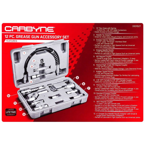 12 Piece Grease Gun Accessory Kit With 90 Degree Adapter Flex Hose Needle Tips Couplers And Nozzles One Eighth Inch NPT