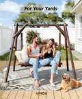 Heavy Duty 880 Lbs Wooden Porch Swing With A Frame Stand For Outdoors And Garden Rustic Sequoia Dusk Finish in yard