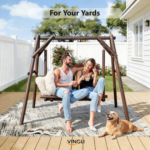 Heavy Duty 880 Lbs Wooden Porch Swing With A Frame Stand For Outdoors And Garden Rustic Sequoia Dusk Finish in yard