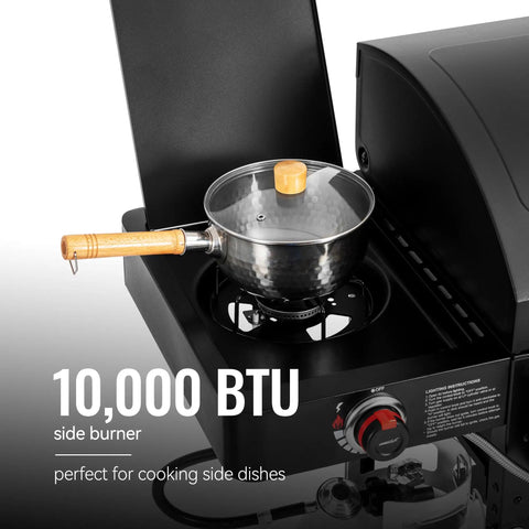 Two Burner Gas And Charcoal Grill Combo With Offset Smoker And Side Burner For Backyard BBQs, 10,000 BTU side burner detail