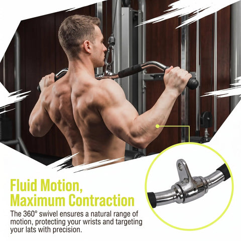 Man using Lat Bar Cable Machine Attachment With Full Rotation Rubber Grip 30 Inch Pulldown Bar for lat pulldowns