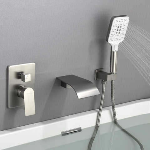 Wall Mounted Bathtub Faucet With Hand Sprayer And Waterfall Spout All In One Tub Shower Set With Rough In Valve Trim Kit Brushed Nickel Finish