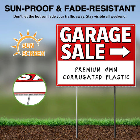 Triple Pack 17x13 Inch Garage Sale Signs With High Visibility Arrows Double Sided Weatherproof 4mm Corrugated Plastic Includes Stakes And 420 Pricing Stickers Built To Draw More Traffic To Your Yard Sale, red arrow sign with stakes