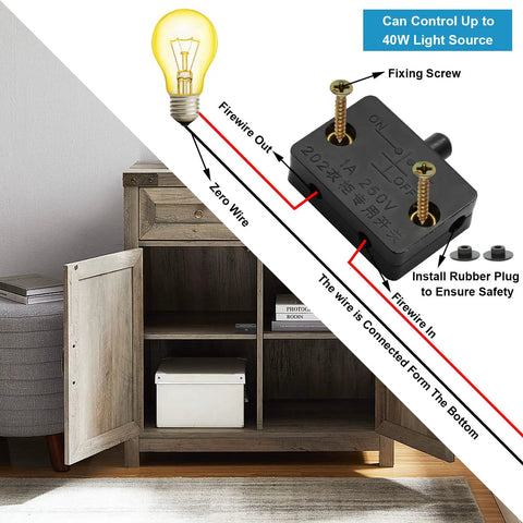 Black Cabinet Lamp Switch 2 Pack Automatic Door Light Switch for wardrobe, with wiring guide and light bulb illustration in a room setting.