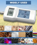 Pinless Inductive Moisture Meter For Quick Non Destructive Readings From Zero To Ninety Percent Through Plastic Barriers And Across Bee Pollen Wool Leather Wood Paper And More Pro Grade Handy Compact Tester device on field background with material samples.