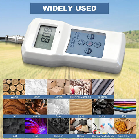 Pinless Inductive Moisture Meter For Quick Non Destructive Readings From Zero To Ninety Percent Through Plastic Barriers And Across Bee Pollen Wool Leather Wood Paper And More Pro Grade Handy Compact Tester device on field background with material samples.