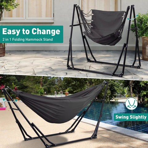Two In One Hammock And Swing Chair With Foldable Stand Carrying Bag Grab And Go Portable Outdoor Chair, easy setup by poolside