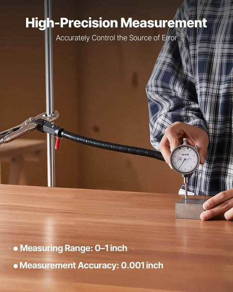 Dial Test Indicator With 360 Degree Flexible Arm And Locking Pliers, 0.001 Inch Accuracy, 0 To 1 Inch Travel being used on wooden surface.