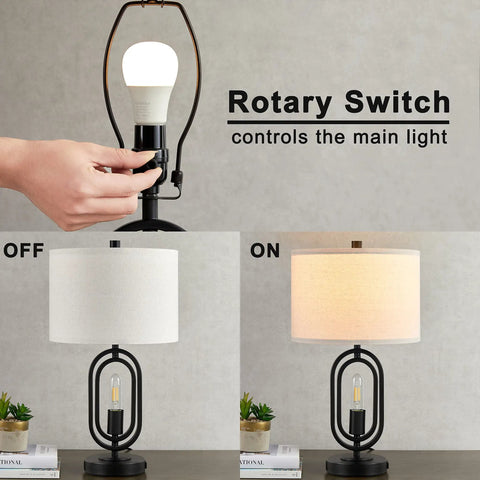 Lit 2 Pack 21.5 Inch 3 Way Dimmable Touch Table Lamps with rotary main light, demonstrating on-off functionality.