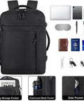 Under Seat Travel Backpack For Men And Women Airline Approved Personal Item Fits 15.6 Inch Laptop 30L Carry On Bag TSA Friendly Black Lightweight Durable Everyday Travel Companion shown with storage compartments and accessories.