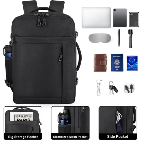 Under Seat Travel Backpack For Men And Women Airline Approved Personal Item Fits 15.6 Inch Laptop 30L Carry On Bag TSA Friendly Black Lightweight Durable Everyday Travel Companion shown with storage compartments and accessories.