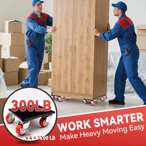 Workers using Heavy Duty Industrial Furniture Movers with Wheels and Dolly Lifter Sliders Five Casters to move a wooden cabinet.