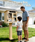 Adult and child at Outdoor Little Library Box With Stand And Nameplate, Weather Resistant Natural Wood Finish, Clear Doors To Keep Books Dry