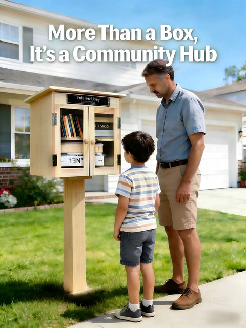 Adult and child at Outdoor Little Library Box With Stand And Nameplate, Weather Resistant Natural Wood Finish, Clear Doors To Keep Books Dry