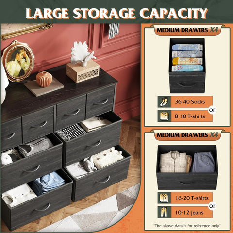 Eight Drawer Fabric Dresser for Bedroom and Beyond with open drawers showing storage capacity for socks, t-shirts, and jeans.