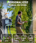 3 Zone Sprinkler Timer With Brass Inlet And IP65 Waterproof Housing Hose Timer For Garden with LCD display in outdoor setting.