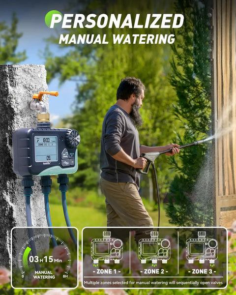 3 Zone Sprinkler Timer With Brass Inlet And IP65 Waterproof Housing Hose Timer For Garden with LCD display in outdoor setting.