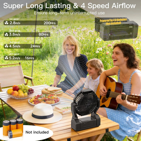 Battery Operated Fan For Camping And Outdoor Adventures 2 In 1 D Cell Battery And USB Powered Portable Fan at picnic table