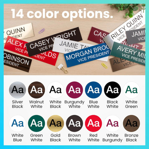 Custom Name Plate for Desk or Door With 14 Color Options 2 by 8 Inches Easy to Personalize shown with sample color options