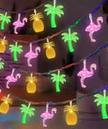Tropical Flamingo Pineapple Palm Tree LED String Lights, 30 LEDs, 16 Ft Battery Operated, colorful designs for luau decor.