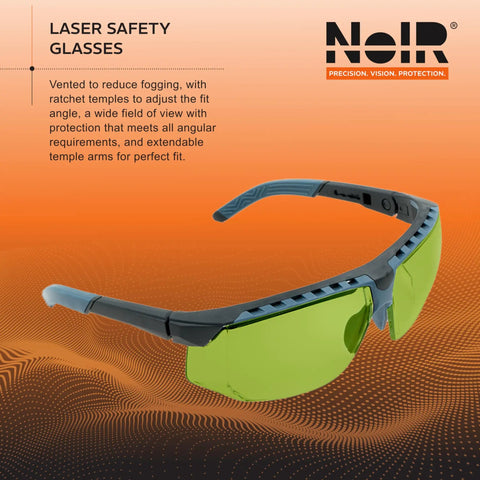 Battle Tested NoIR Laser Safety Glasses Featuring A Hella Comfortable Wraparound Fit For Maximum Ultraviolet And Infrared Eye Protection Laser Grade Durability, showing vented design with adjustable ratchet temples.