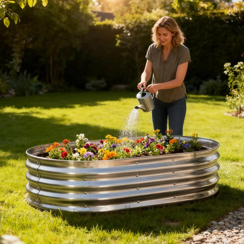 Woman watering flowers in Backyard Ready Galvanized Raised Garden Bed For Outdoor Use With Oval Planter Box 4 By 2 By 1 Ft Heavy Duty Metal
