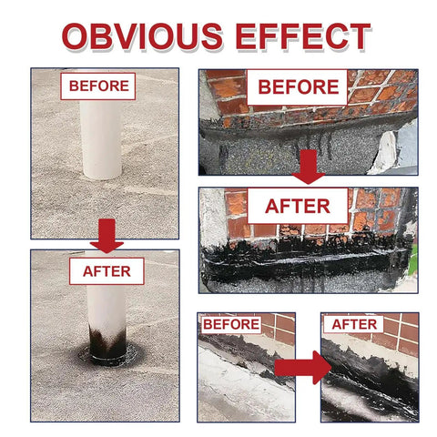 Before and after images showcasing Quick Dry Liquid Waterproof Roof Leak Repair Sealant Featuring Built In Precision Brush for roof repairs.
