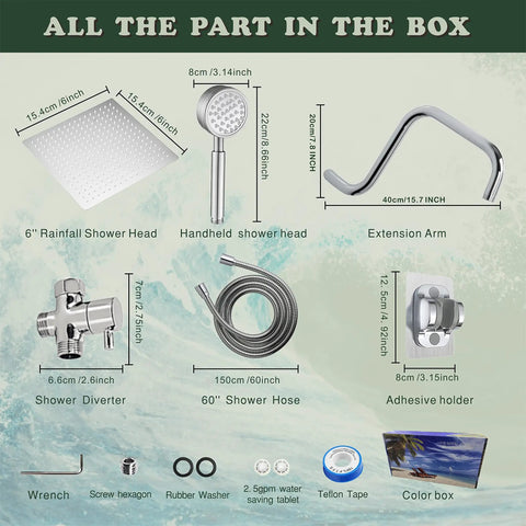 6 Inch All Metal Rainfall Shower Head With Handheld, Stainless Steel Luxury Shower System, 60 Inch Hose, 3 Way Diverter, Box Contents