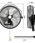 Beast Airflow Industrial Wall Mount Fan 4600 CFM 20 Inch with dimensions, heavy duty sealed motor, metal construction detail view.