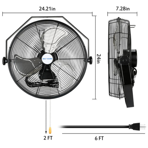 Beast Airflow Industrial Wall Mount Fan 4600 CFM 20 Inch with dimensions, heavy duty sealed motor, metal construction detail view.