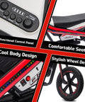 Kids Electric Dirt Bike With 24V 300W Motor, Two Speed Settings, Flashing LED Lights, Builtin Music Function, Durable Electric Bike For Ages Six And Up, Red side view with control panel and wheel