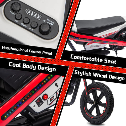 Kids Electric Dirt Bike With 24V 300W Motor, Two Speed Settings, Flashing LED Lights, Builtin Music Function, Durable Electric Bike For Ages Six And Up, Red side view with control panel and wheel