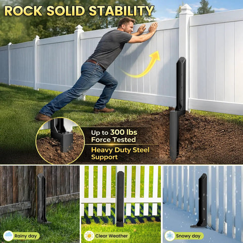 Heavy Duty Fence Post Repair Kit With Steel Ground Spike Anchors fixing leaning white wood fence in yard