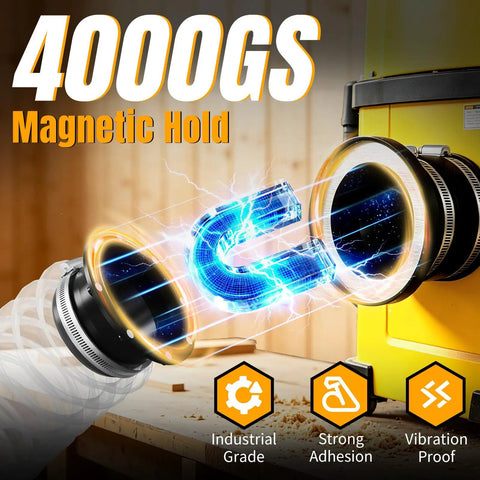 Rock Solid 4 Inch Magnetic Dust Collection Quick Connect Kit With Insane 4000Gs Neodymium Grip and Butter Smooth One Second Quick Release for Busy Woodworking Shops showing magnetic hold concept with 4000GS power.