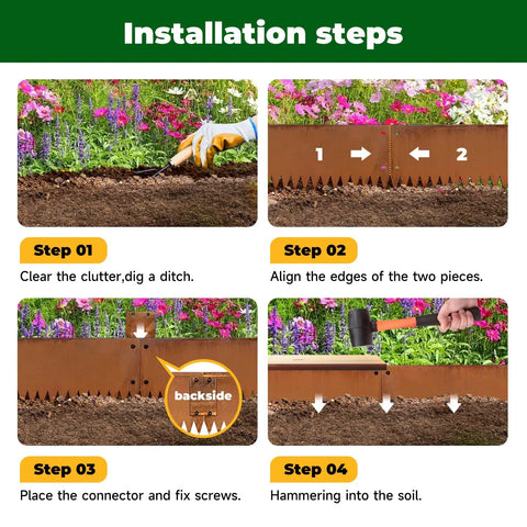 Installation steps for Pre Rusted Steel Garden Edging 40 Inch Long 8 Inch Deep 180 Degree Top Bend Protective Border Pack Of 6
