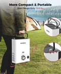 Grab And Go Portable Propane Water Heater Boasting Instant 1.32 Gpm Hot Flow And A Hefty 34000 BTU Output, lightweight with handle for easy transport.