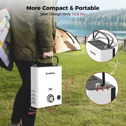 Grab And Go Portable Propane Water Heater Boasting Instant 1.32 Gpm Hot Flow And A Hefty 34000 BTU Output, lightweight with handle for easy transport.