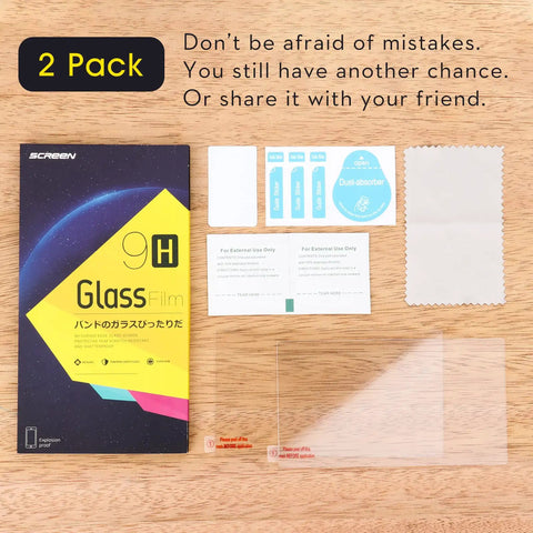 2 Pack HD Tempered Glass Screen Protector For DJI RC Pro Mini 3 Pro Mini 4 Mavic 3 Pro Air 3S Mavic 4 Pro Drone Remote Controller Shield Guard 9H Hardness Ultra Clear High Touch Sensitivity Scratch Resistant Easy Install packaging with accessories shown on a wooden surface.