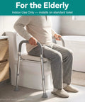 Heavy Duty Aluminum Toilet Seat Riser For Seniors With Sturdy Handle Bars And Thick Memory Padded Cushion Takes 400 Pounds No Sweat Install Quick Bathroom Swap, person using riser on standard toilet.