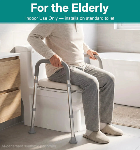 Heavy Duty Aluminum Toilet Seat Riser For Seniors With Sturdy Handle Bars And Thick Memory Padded Cushion Takes 400 Pounds No Sweat Install Quick Bathroom Swap, person using riser on standard toilet.