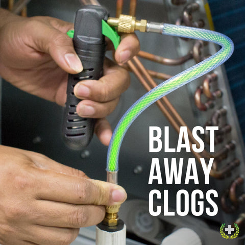 Person using CO2 Powered AC Drain Line Cleaner And Leak Sealant Injector Gun All In One For Unclogging Condensate Drains