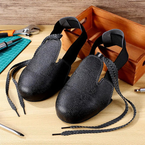 Heavy Duty Steel Toe Covers For Shoes Non Slip Safety Overshoes with laces, black synthetic leather, industrial job site use.