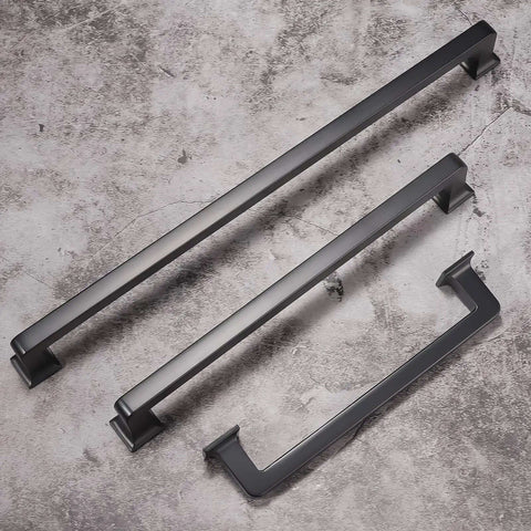 Solid Matte Black Cabinet Pulls Ten Pack Five Inch Center To Center Drawer Handles displayed on a grey surface, showcasing sleek design.