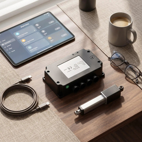 Heavy Duty Dual Motor Electric Actuator Controller With Wireless Remote And Wired Hall Sensor For Smart Home Furniture And Lifting Tables DC24V US Plug on a wooden table.