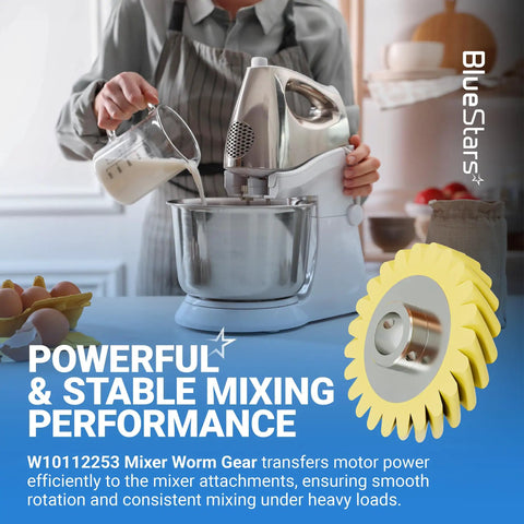 Person using mixer with Upgraded W10112253 Mixer Worm Gear Replacement Part For Whirlpool And KitchenAid Mixers Replaces 4162897 4169830 AP4295669 Easy Install Durable Performance